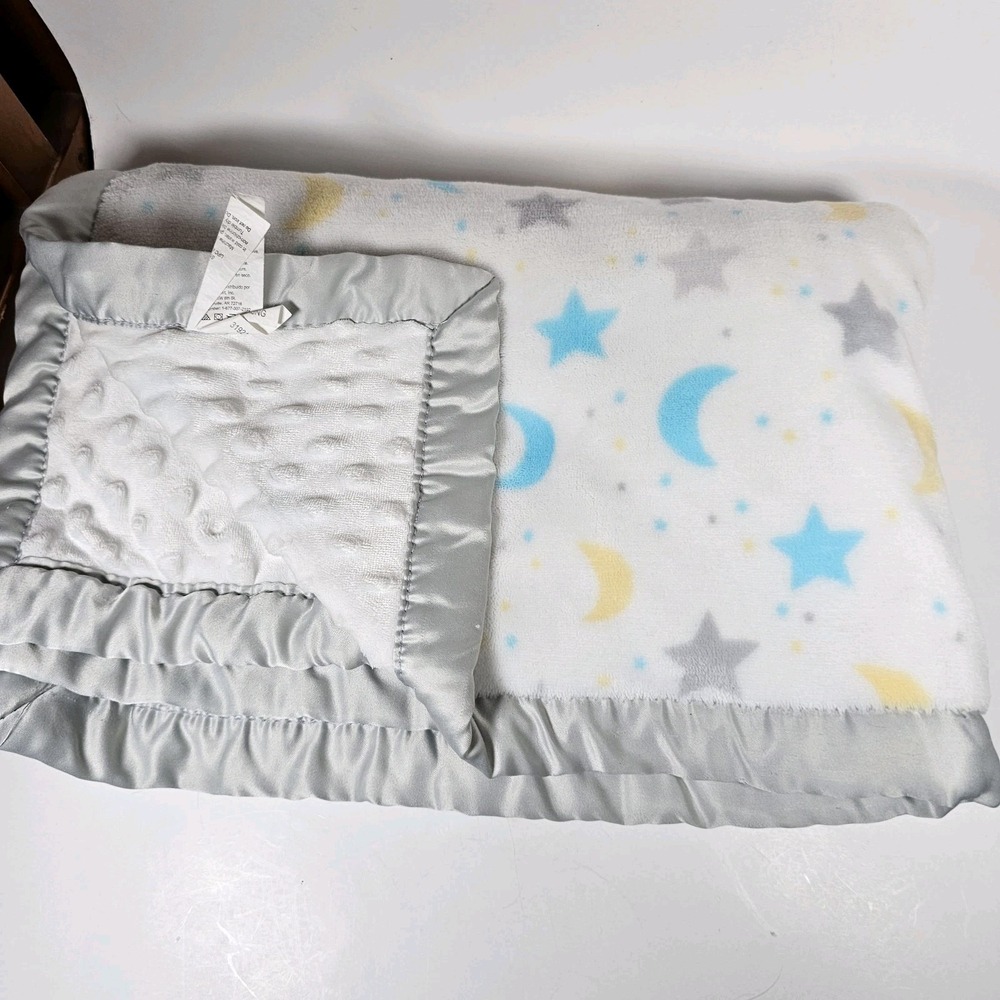 Parents Choice Moon Stars Yellow Gray Baby Blanket Minky Satin Trim 30x40 EUC